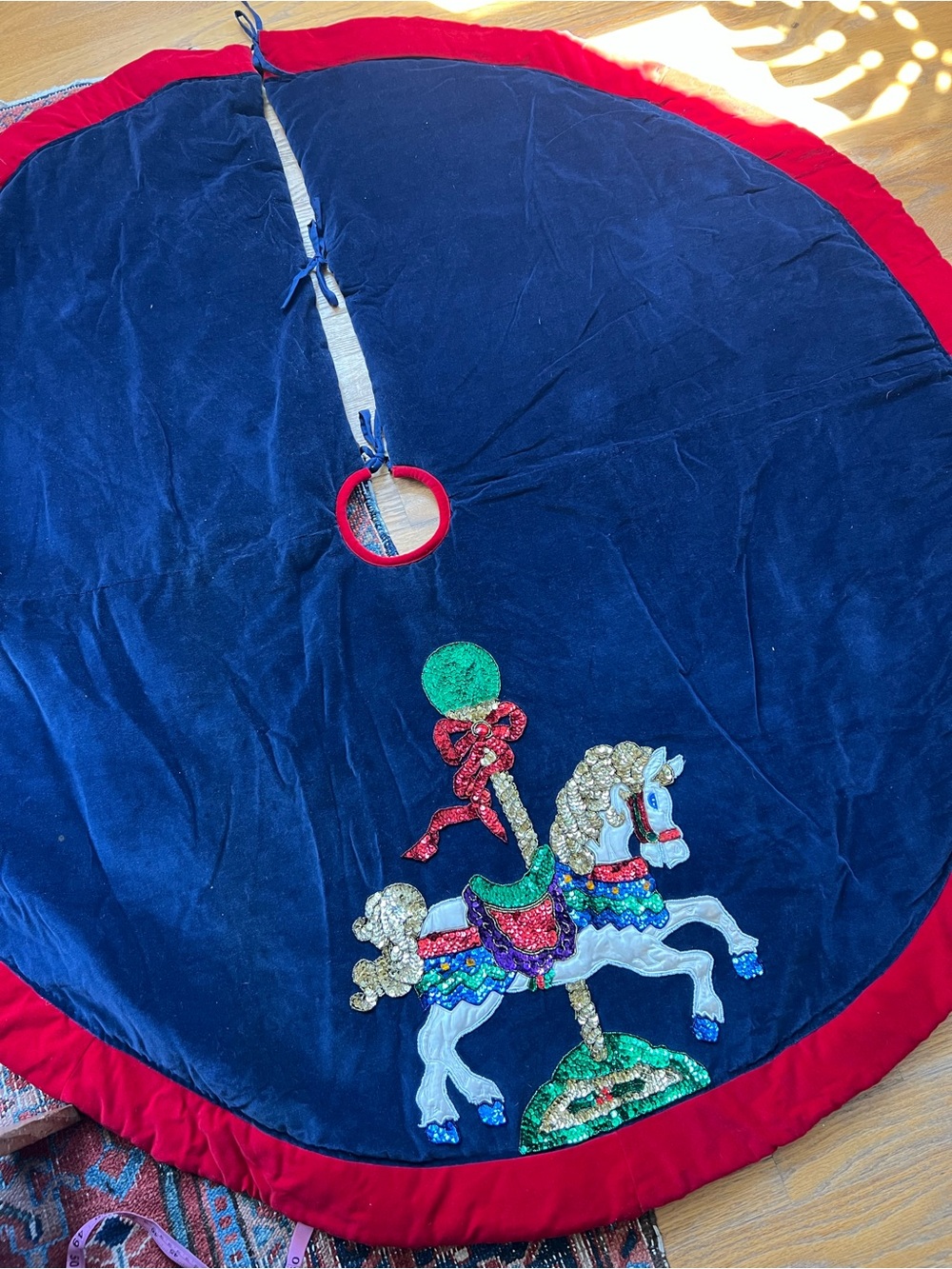 Sequin Carousel Horse Blue Velvet Christmas Tree Skirt 56" Diameter